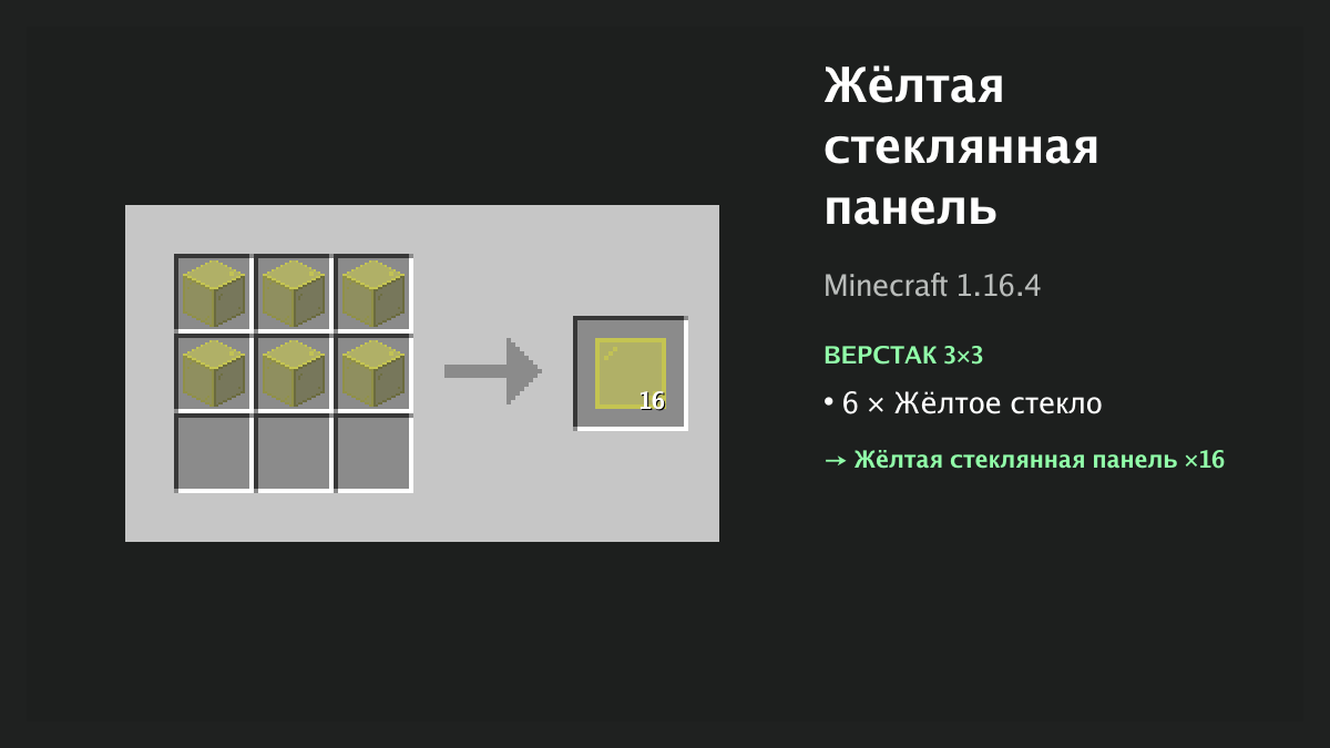 Рецепт: жёлтая стеклянная панель в Minecraft — 6 × жёлтое стекло (верстак 3×3)