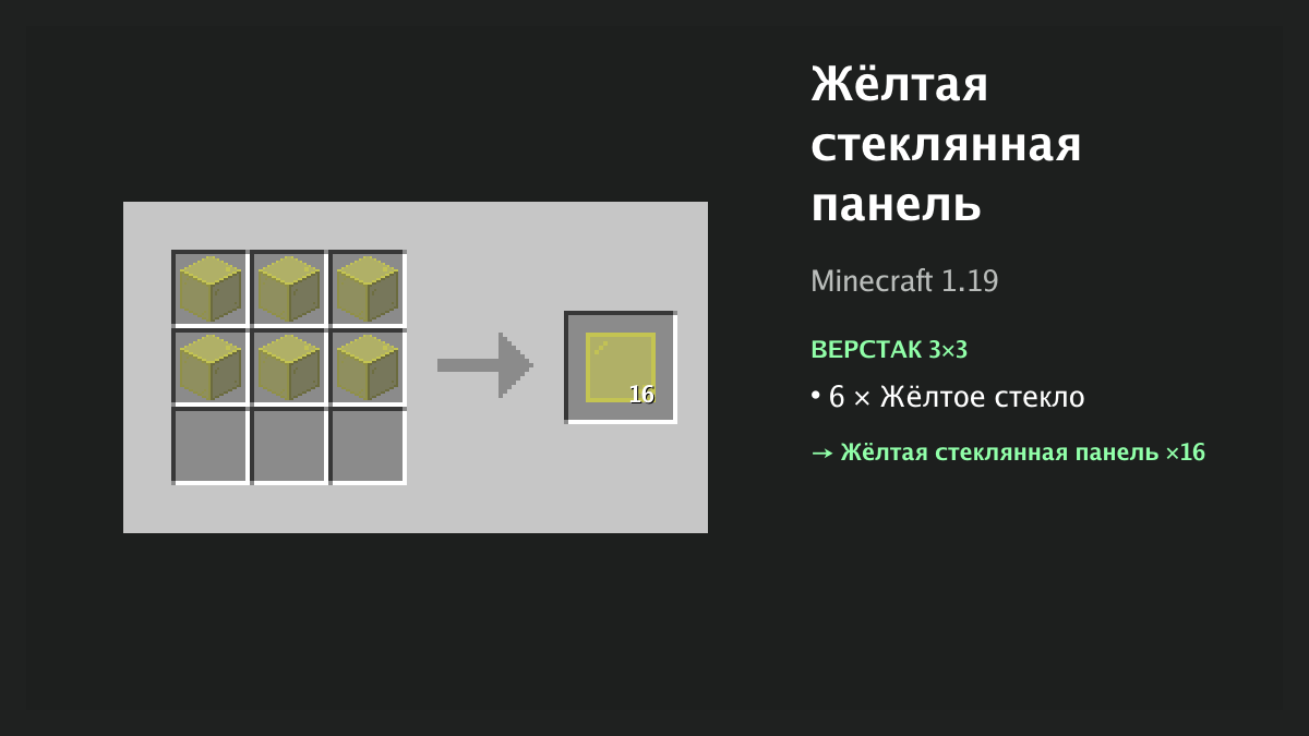 Рецепт: жёлтая стеклянная панель в Minecraft — 6 × жёлтое стекло (верстак 3×3)