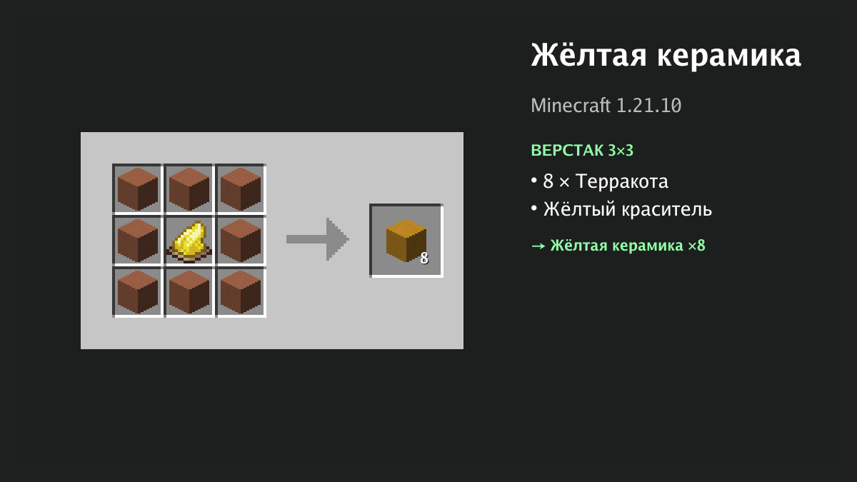Рецепт: жёлтая керамика в Minecraft — 8 × терракота, жёлтый краситель (верстак 3×3)
