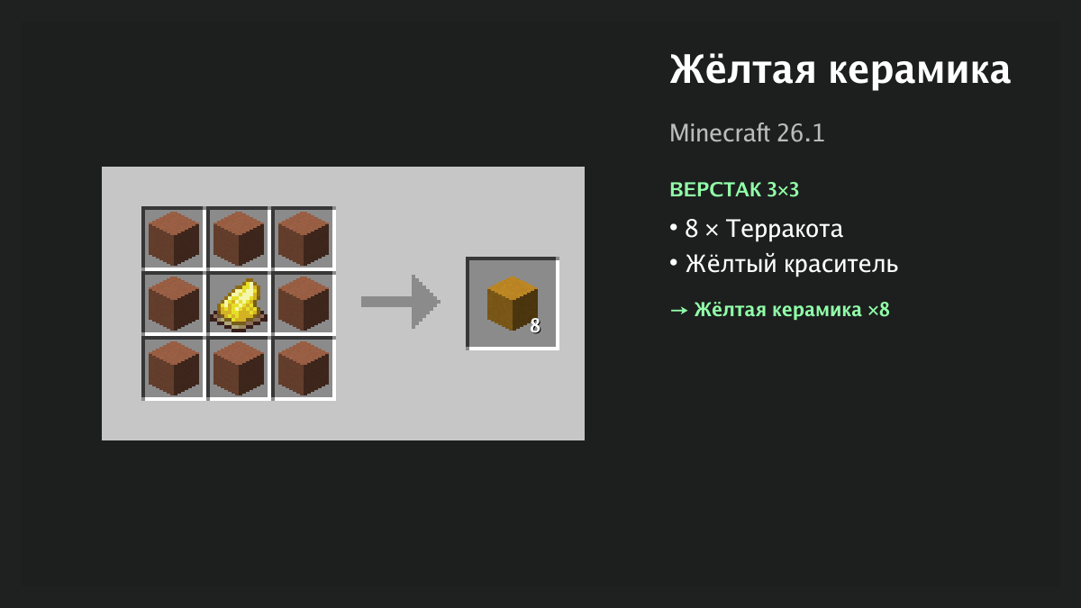 Рецепт: жёлтая керамика в Minecraft — 8 × терракота, жёлтый краситель (верстак 3×3)