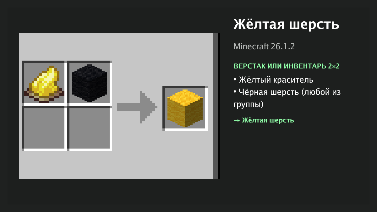 Рецепт: жёлтая шерсть в Minecraft — жёлтый краситель, чёрная шерсть (верстак или инвентарь 2×2)